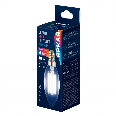 Лампа светодиодная, прозрачная, белый свет 4000K Uniel Яркая A++ LED-C35-4W/4000K/E14/CL GLY01TR