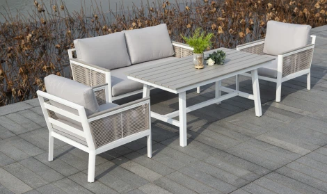 Диван 2-местный плетеный из роупа, каркас алюминий белый, роуп бежевый, ткань бежевая 4SIS Сан Ремо GFS4762S