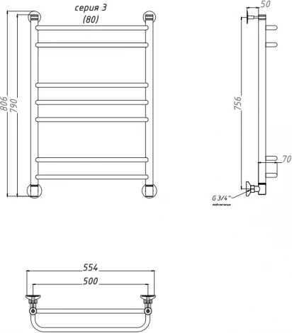 Полотенцесушитель водяной Тругор ЛЦ Идеал комби НП 3 80x50