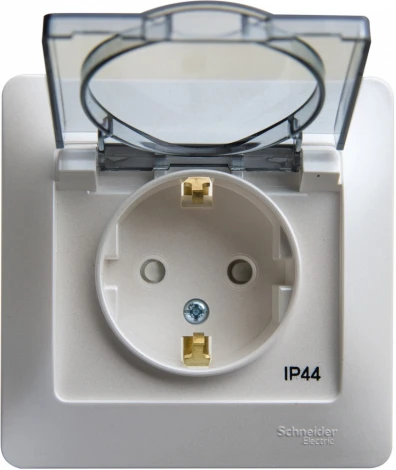 Розетка встраиваемая с заземлением, шторками и крышкой (перламутровый) IP44 Systeme Electric Glossa GSL000648