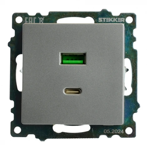 Розетка USB Type A+С (серебро) Stekker Катрин 50054