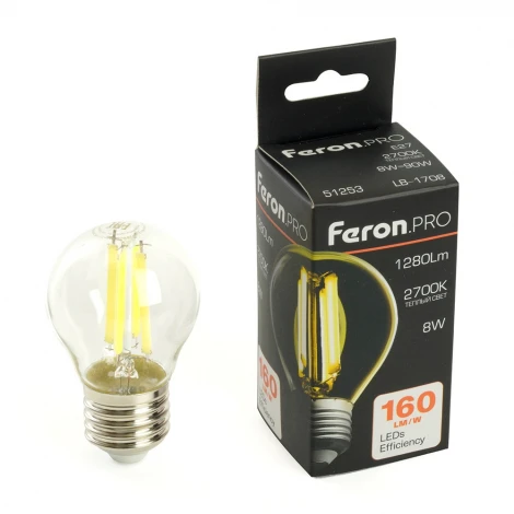 Лампа светодиодная филамент G45 шар 8W 175-265V E27 2700К Feron LB-1708 51253