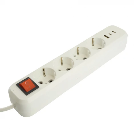 Удлинитель 4-х местный с заземлением USB Type-A + 2хUSB Type-С 2 метра (белый) Stekker Home 50139