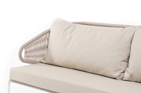 "Милан" диван 3-местный плетеный из роупа, каркас алюминий белый муар, роуп бежевый круглый, ткань бежевая 052 4SIS арт.УТ-00004929