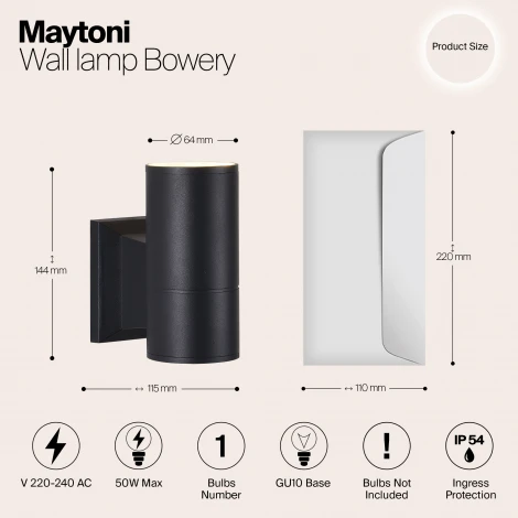 Настенный светильник уличный Maytoni Bowery O574WL-01B (220V, IP54)