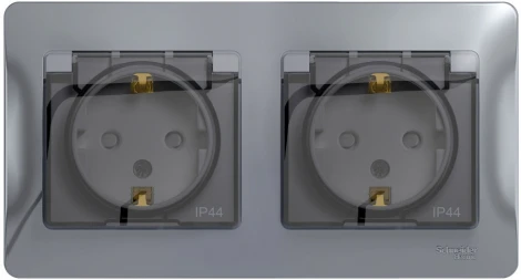Розетка встраиваемая двойная с заземлением, шторками и крышкой (алюминий) IP44 Systeme Electric Glossa GSL000347
