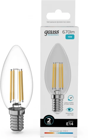 Лампочка светодиодная филаментная Gauss Filament Elementary 32120 Свеча 10W 670lm 4100К Е14 LED