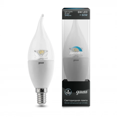 Лампочка светодиодная диммируемая E14 6W Gauss Candle Tailed Crystal Clear 104201206-D