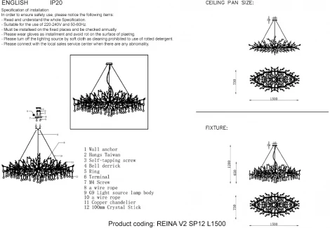 Подвесная люстра большая Crystal Lux Reina V2 SP12 L1500 GOLD PEARL (220V, подвески, на тросе, ветки)