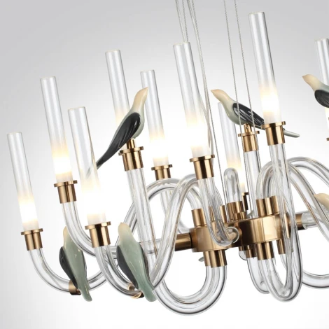 Подвесная люстра Odeon Light Lark 5431/30L золотой(под латунь)/белый градиент/беж./зеленый/ металл/стекло/керамика LED 30W 4000K (220V, на тросе, птички)