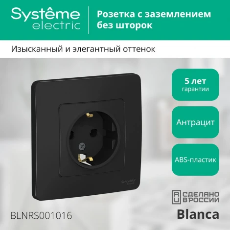 Розетка встраиваемая с заземлением (антрацит) Systeme Electric Blanca BLNRS001016