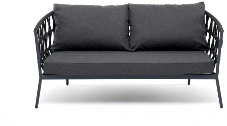 "Диего" диван 2-местный плетеный из роупа, каркас алюминий темно-серый (RAL7024) муар, роуп темно-серый круглый, ткань темно-серая 027 4SIS арт.УТ-00006825