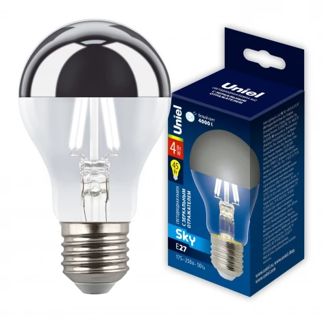 Лампа светодиодная, прозрачная колба с зеркальным отражателем, белый свет 4000K Uniel SKY LED-A60-4W/4000K/E27/CL MIRROR/CHROME PLS02WH