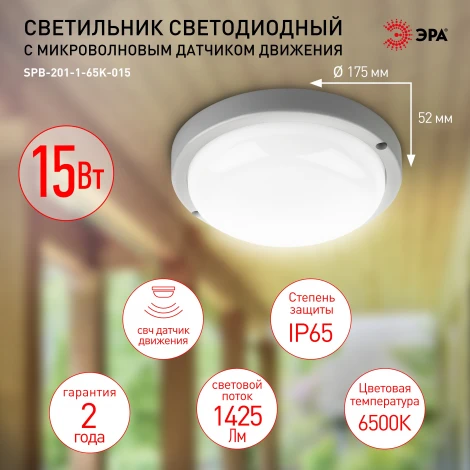 Настенно-потолочный светильник светодиодный с датчиком движения ЭРА SPB-201-1-65K-015 (220V, круглые, IP65)