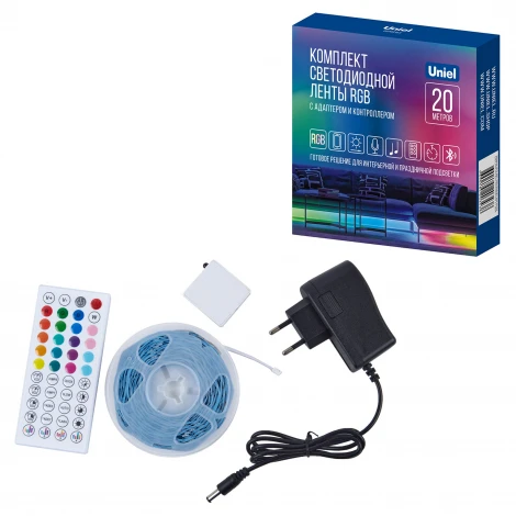Комплект светодиодной ленты c Bluetooth, 20м, RGB свет, адаптер 24Вт, контроллер с пультом в/к Uniel Готовое решение ULS-A01 20M/RGB/BT RRP24C01