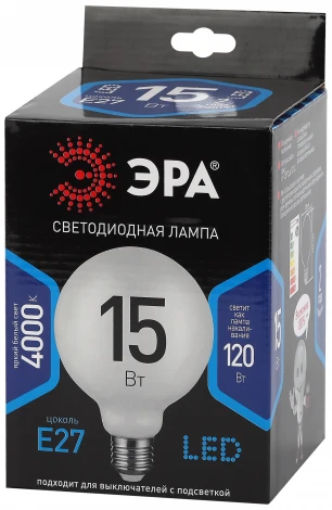 Лампочка светодиодная филаментная E27 15Вт ЭРА F-LED G125-15w-840-E27 OPAL F-LED G125-15w-840-E27 OPAL