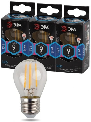 Лампочка светодиодная филаментная E27 9W ЭРА F-LED P45-9w-840-E27