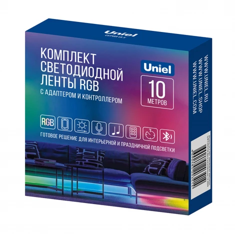 Комплект светодиодной ленты c Bluetooth, 10м. RGB свет, адаптер 24Вт, контроллер с пультом в/к Uniel Готовое решение ULS-A01 10M/RGB/BT RRP24C01