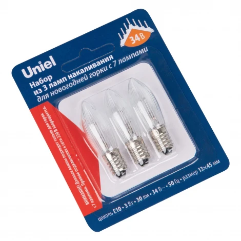 Лампа накаливания для новогодней горки на 7 ламп, 3Вт, прозрачная. 34V. Набор из 3шт. в блистере. Uniel Лампы для новогодних горок IL-CT13-CL-03/E10/34V SET3 BLISTER