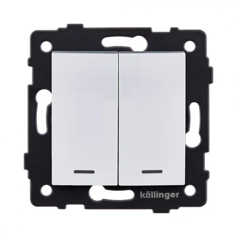 Выключатель 2-клавишный 10А/250В с LED подсветкой, изогнутый, белый Kollinger REA-R-008WH для Aspekt, Eleganz, Reflex