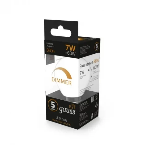 Лампочка светодиодная E27 6,5 Вт 610 lm 2700K теплое свечение Gauss 105102107