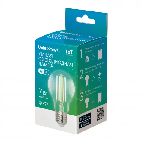 Умная лампа светодиодная Wi-Fi Bluetooth, диммируемая, прозрачная 2700-6500K, Голосовое управление приложение UnielSmart Uniel LED-A60-7W/SW/E27/230V/WF/CL GLS81TR