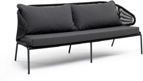 "Милан" диван 3-местный плетеный из роупа, каркас алюминий темно-серый (RAL7024) муар, роуп темно-серый круглый, ткань темно-серая 027 4SIS арт.УТ-00006817