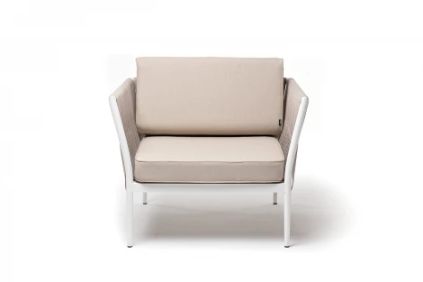 "Касабланка" кресло плетеное из роупа, каркас алюминий белый муар, роуп бежевый 20мм, ткань бежевая 15052 4SIS арт.УТ-00009935