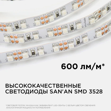 Светодиодная лента 12В СТ 9,6Вт/м SMD3528 120д/м IP20 ширина подложки 8мм, 5м красный Apeyron 00-13