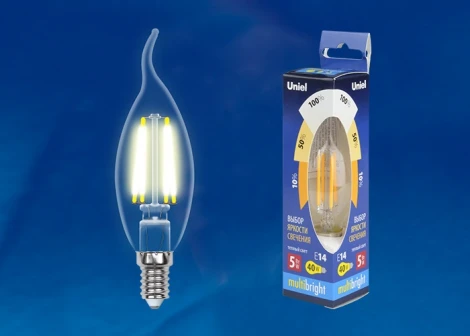 Лампочка светодиодная свеча на ветру прозрачная E14 5W 3000K Uniel LED-CW35-5W/WW/E14/CL/MB GLM10TR