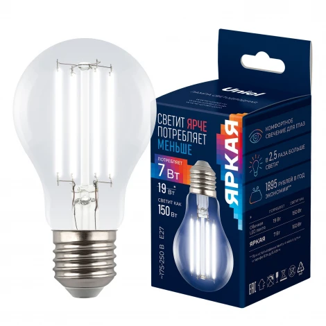 Лампа светодиодная, прозрачная, белый свет (4000K Uniel Яркая A++ LED-A60-7W/4000K/E27/CL GLY01TR