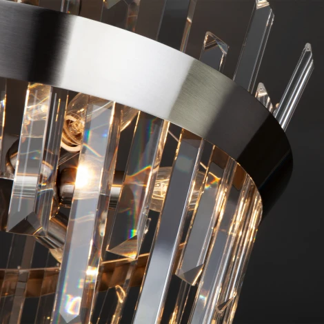 Потолочная люстра Wi-Fi на штанге Eurosvet Steccato 10111/5 сатин-никель/прозрачный хрусталь Strotskis (220V, управление смартфоном, голосовое управление, умный дом - Minimir Home, Алиса, Маруся, Салют, круглые)