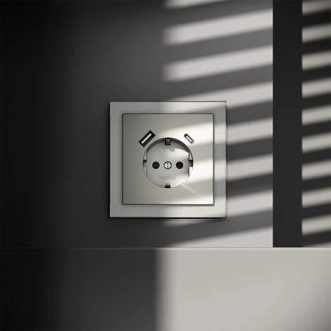 Розетка с заземлением, шторками и USB Type A+С (сталь) Voltum S70 VLS040505