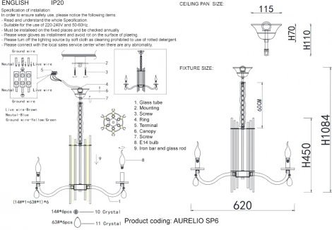 Подвесная люстра AURELIO SP6 GOLD+CHROME/TRANSPARENT Crystal Lux (220V, хрусталь, на цепи, свеча)