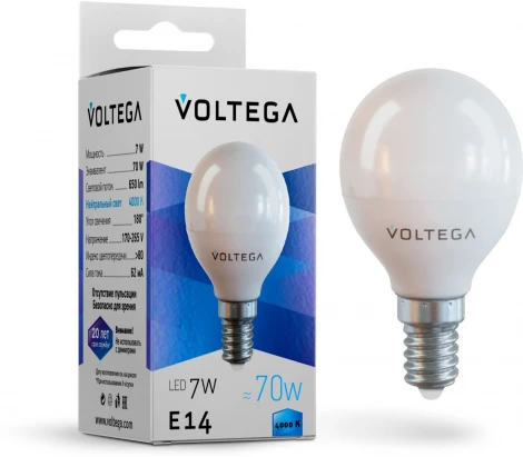 Лампочка светодиодная груша белая колба E14 7 Вт 680 lm 4000K нейтральное белое свечение Voltega Simple 7055
