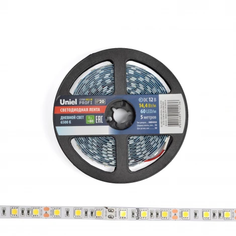 Светодиодная лента Uniel ULS-M25-5050-60LED/m-10mm-IP20-DC12V-14,4W/m-5M-6500K PROFI катушка в герметичной упаковке