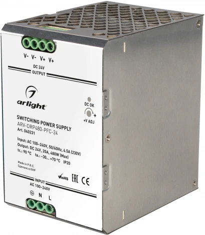 Блок питания ARV-DRP480-PFC-24 (24V, 20A, 480W) (Arlight, IP20 Металл, 5 лет) 040231 ARV