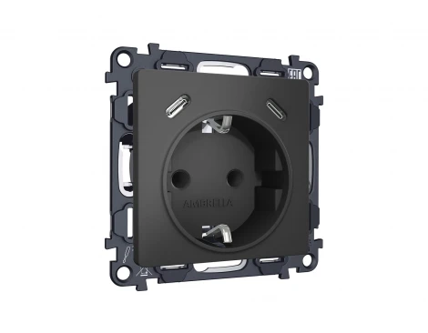 Комплект механизма электрической розетки с заземлением с 2хUSB Type-C встраиваемый (графит мягкое касание) Ambrella Volt QUANT MA910510