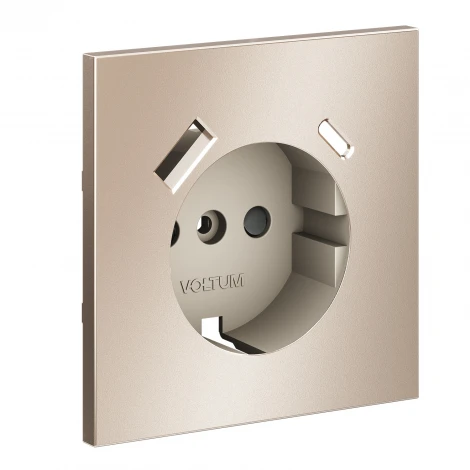 Накладка для розетки с заземлением и защитными шторками с USB A+C (платина) Voltum S70 Metal VLSM001010