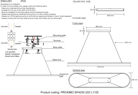 Подвесной светильник светодиодный с пультом PROXIMO SP42W LED L1100 BLACK Crystal Lux (регулировка яркости, 220V, на тросе)