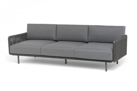 "Джелло" диван 3-местный плетеный из роупа, каркас алюминий темно-серый (RAL7024) муар, роуп темно-серый круглый, ткань темно-серая 027 4SIS JEL-S-3-001 RAL7024 Mua D-grey(D-gray027)