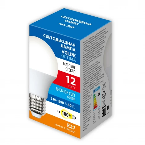 Лампа светодиодная матовая, дневной свет 6500K Volpe Optima LED-A60-12W/6500K/E27/FR/SLS