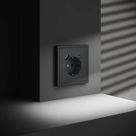 Розетка с заземлением, шторками и USB Type A+С (графит) Voltum S70 VLS040507