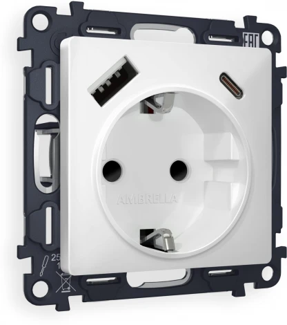 Комплект механизма Ambrella Volt электрической розетки ALFA MA130010 Белый матовый 2USB A+C 20W быстрая зарядка с заземлением со шторками 2P+E 16A-250V QUANT