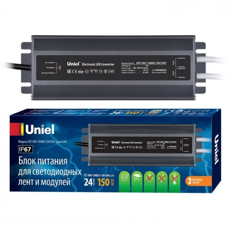 Блок питания ультратонкий 150Вт Uniel UET-VAF-150B67 24V IP67 2 выхода