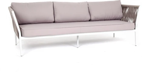 "Касабланка" диван 3-местный плетеный из роупа, каркас алюминий белый муар, роуп бежевый 20мм, ткань бежевая 052 4SIS арт.УТ-00007005