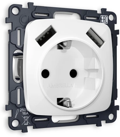 Розетка с заземлением, шторками и быстрой зарядкой USBх2 (белый глянец) Ambrella Volt QUANT MO109010