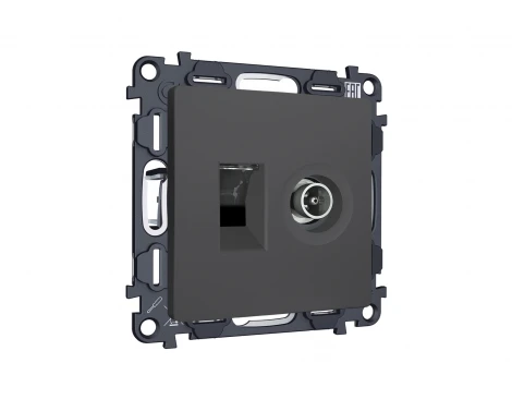Комплект механизма ТВ-розетки оконечной и Ethernet RJ-45 розетки с автоматической защитной шторкой встраиваемый (графит мягкое касание) Ambrella Volt QUANT MA912510