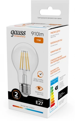 Лампочка светодиодная филаментная Gauss Filament Elementary 22211 А60 11W 910lm 2700К Е27 LED