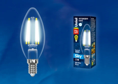 Лампочка светодиодная свеча прозрачная E14 13W 4000K Uniel LED-C35-13W/4000K/E14/CL PLS02WH